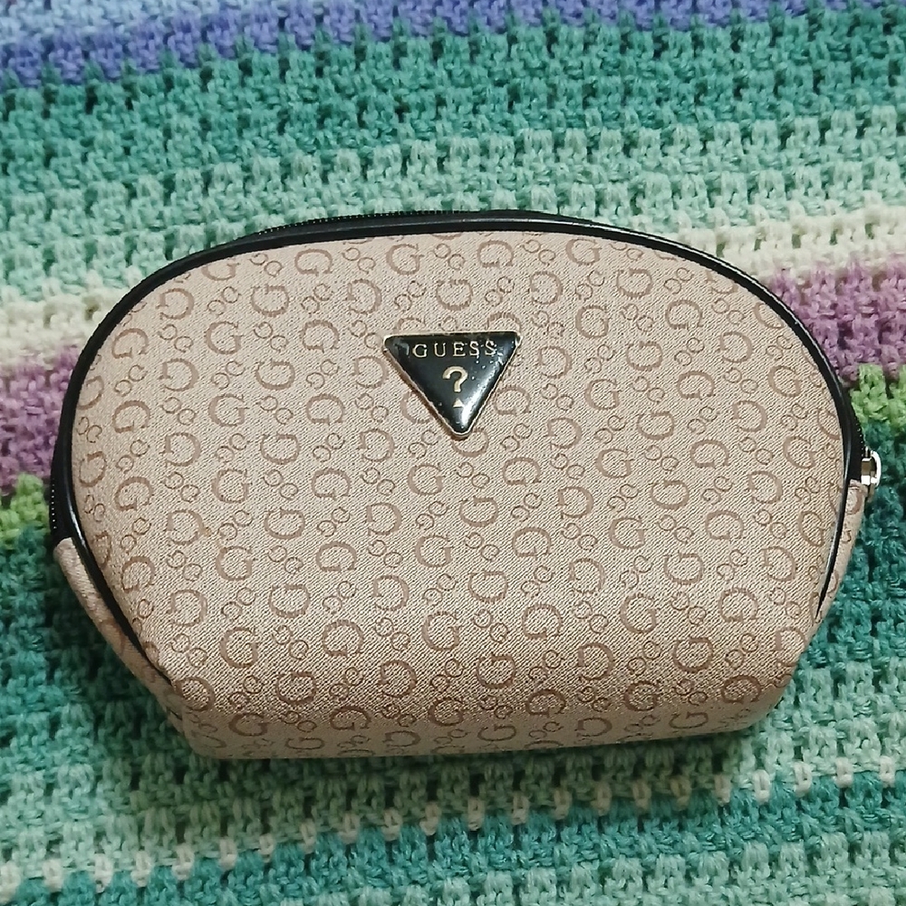 Guess Beige Signature Logo Cosmetic Pouch with Black Trim